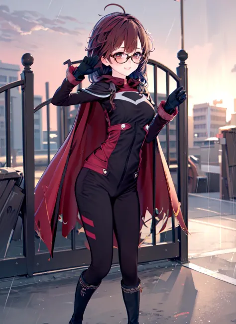 anime girl in a black and red outfit posing on a balcony