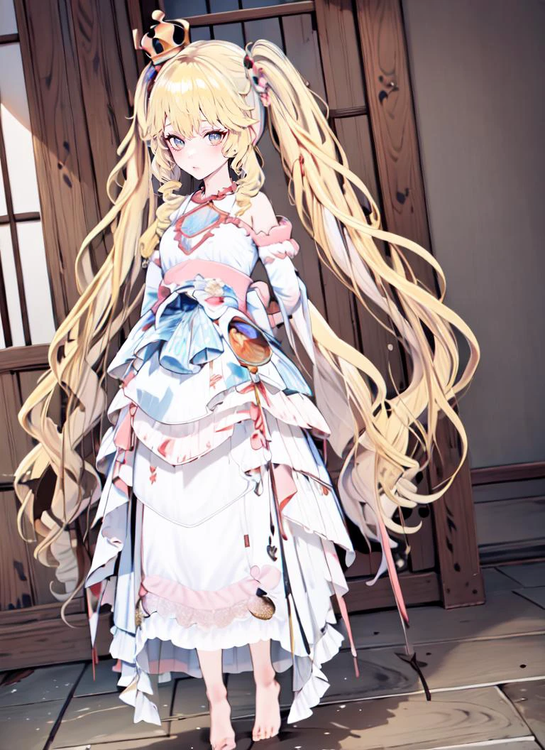 ((best quality)), ((highly detailed)), masterpiece, , (1girl), (CharacterSheet:1), (multiple views, full body, upper body, reference sheet:1), cowboy shot, (((very wide shot))), ((rash_guard, barefoot)), princess, ((very long hair)), big hair, curly hair, blonde hair, large dress, (maxi dress), crown, (indoors, in a casino), koikatsu, ((simple background))