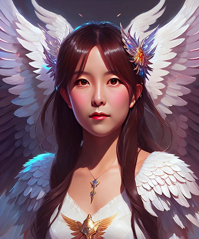 um belo retrato ultradetalhado ofegante de um (mewnbnk) Como um anjo, asas angelicais, efeito de luz, puro, d&d, fantasia, fundo mágico,cores vivas, Pintura a óleo, por Ilya Kuvshinov, Greg Rutkowski e Makoto Shinkai, tendências no ArtStation