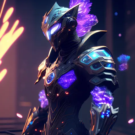 a RAW clean-look photograph of a tall cyberpunk  finely detailed armour made of black titanium and (glowing:0.5) (purple:0.5) amethyst , power suit, high depth, crystal, visible wires and microchip, holograph, crystal (transparent:1.9)torso, wires inside of body, imposing, elegant, for men, modern minimalism, low poly lines, glitch core, dreamy, badass, dystopia, godlike, mysterious, midjourney, cinematic lighting, 3D render, blender cycles, octanerender, warframe, high poly, glow, color dodge,deep dark background, high depth, artstation, deviantart, exteel, thin waist, electronics, angry, anger, extremely intricate and detailed scratched up armor, low saturation, (unreal engine 5:1.5), (4k:2), tiny dust floating speckles, tiny shimmering glowing (particles:1.6), art by greg rutkowski, (concept art draft:1.7), (thousands of small glowing particles emanating from arms:1.8), (clean background:1.8), (magnetic pulling forces:1.5) (wide angle:1.8) (visible face anger:2), (female body:2), ninja, hoodie, assassin