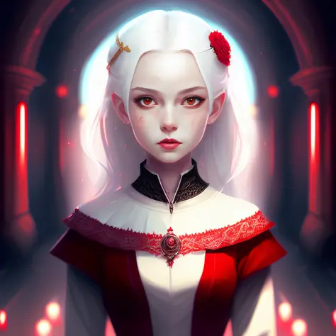 dreamlikeart, young princess, 14 years old, white hair, photorealistic, (waist-high:1.3), (portrait), white eyelashes, pale skin, golden eyes, slim build, (white dress:1.4), beautiful face, symmetrical face, environment in black and red tones, gothic atmosphere, greg rutkowski, horror atmosphere, red light, ((Style-Empire)), ancient dark corridor, torches on the walls, a long tunnel, wlop, and Sam Kuvshinov