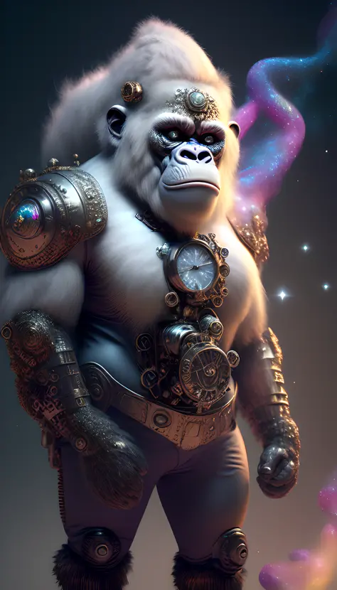 galaxies, spirals, space, nebulae, stars, smoke, iridescent, intricate detail, in the shape of a steampunk white gorilla, full body ,octane render, hyper realistic , octane render, 8k, uplight ,dreamlikeart