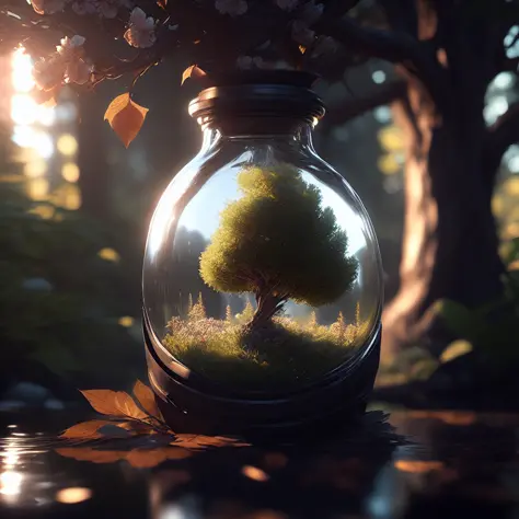 dreamlikeart tree in a bottle, fluffy, realistic, photo, canon, dreamlike, art, colorfull leaves and branches with flowers on to...