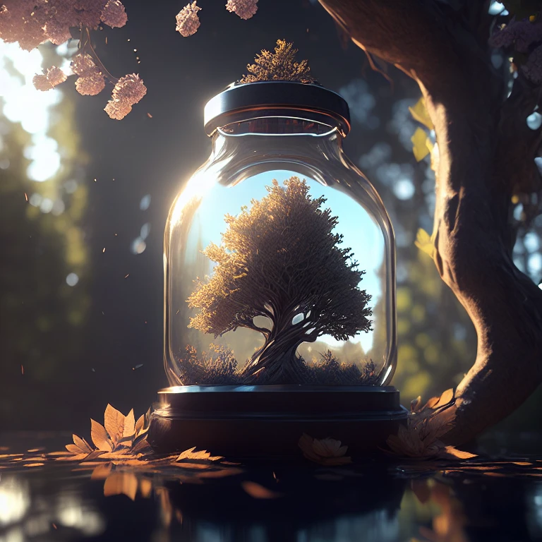 sonhe comoarte tree in a bottle, fofinho, realista, foto, cânone, sonhe como, arte, folhas coloridas e galhos com flores no topo da cabeça. hyperdetailed fotorealism by greg rutkowski - h 1024 w 804 | f 1 6 marca de lente 2:Grão de filme de 2 s 3555 mm :1 contraste de foco nítido e realista de alta resolução!! intricate detailed atmospheric light refraction lighting unreal engine 5 cinematic concept fotography masterpiece octane render trending at cgsociety rendered as