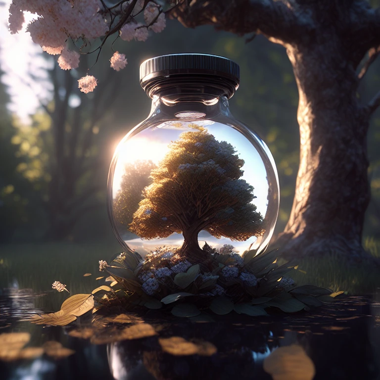 dreamlikeart tree in a bottle, fluffy, realistic, photo, canon, dreamlike, art, colorfull leaves and branches with flowers on top of its head. hyperdetailed photorealism by greg rutkowski - h 1024 w 804 | f 1 6 lens mark 2:2 s 3555 mm film grain :1 lifelike high res sharp focus contrast!! intricate detailed atmospheric light refraction lighting unreal engine 5 cinematic concept photography masterpiece octane render trending at cgsociety rendered as