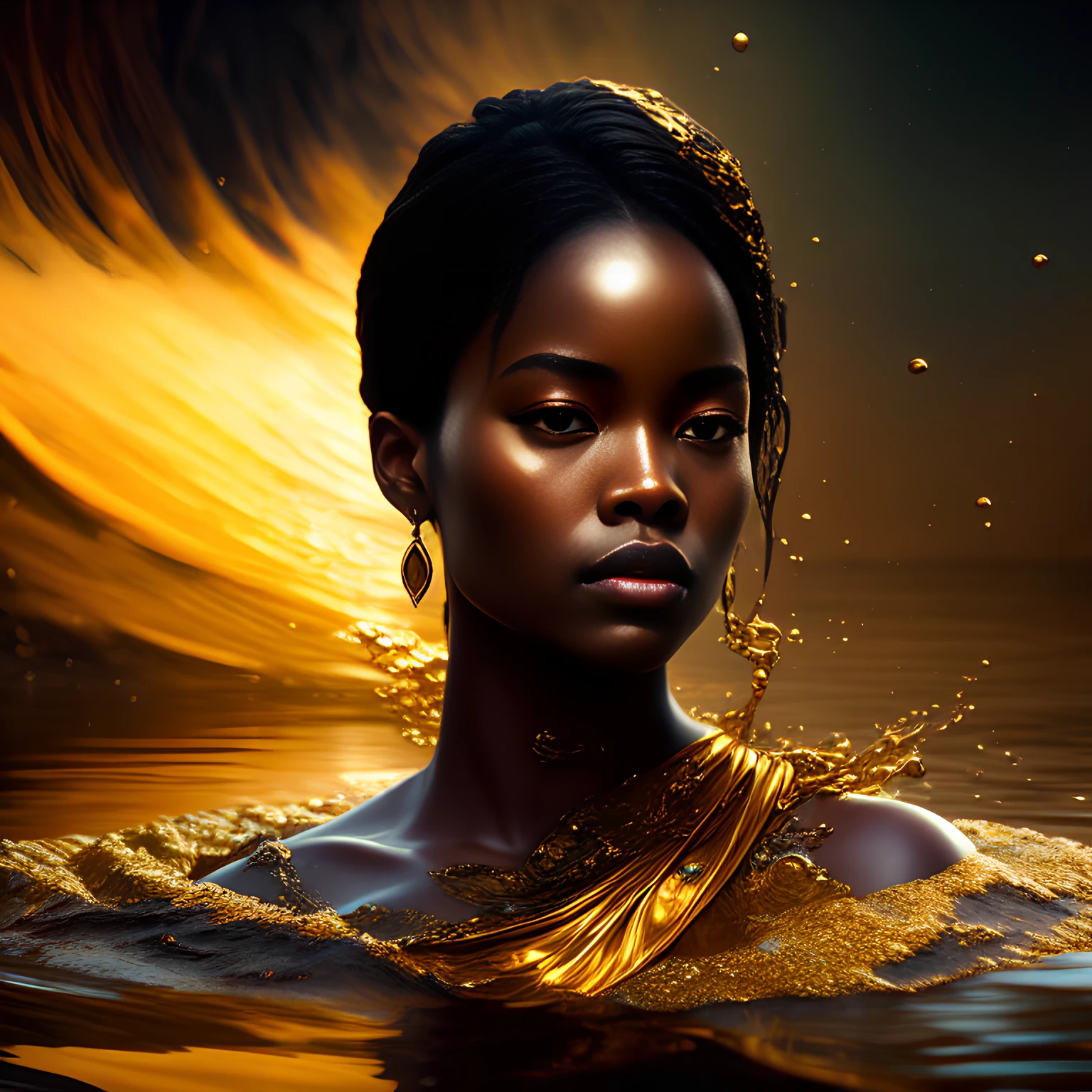 เหมือนฝัน (บรรยากาศมืดสลัวอย่างน่าทึ่ง)+ ภาพ 8k ของหญิงสาวแอฟริกันแสนสวยผมสีน้ำตาลละลายเป็นทองคำเหลว, ใบหน้าจมอยู่ในน้ำครึ่งหนึ่ง, ทะเลสาบยามเย็นที่มีหมอก, ซับซ้อน, สง่างาม, มีรายละเอียดสูง, คู่บารมี, การถ่ายภาพดิจิตอล, ศิลปะโดย artgerm ruan jia และ greg rutkowski เหนือจริง สีเปียก ริบบิ้นสีทอง ลวดลายเป็นเส้น