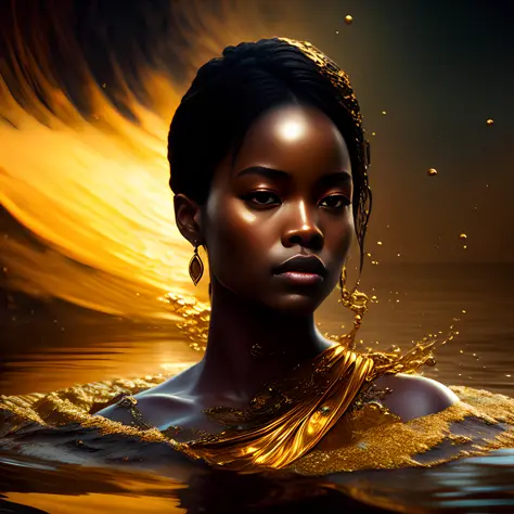 dreamlike (dark dim dramatic atmosphere)+ 8k portrait of beautiful young african woman with brown hair dissolving into liquid go...