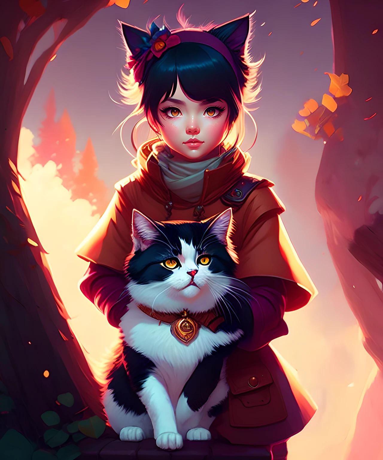 splash art retrato pintura mulher, bochechas fofas, com seu gato mágico, Yumi, da liga das lendas, tendências no ArtStation, por Rhads, Andreas Rocha, rossdraws, makoto shinkai, Laurie Greasley, Lois van Baarle, Ilya Kuvshinov e Greg Rutkowski