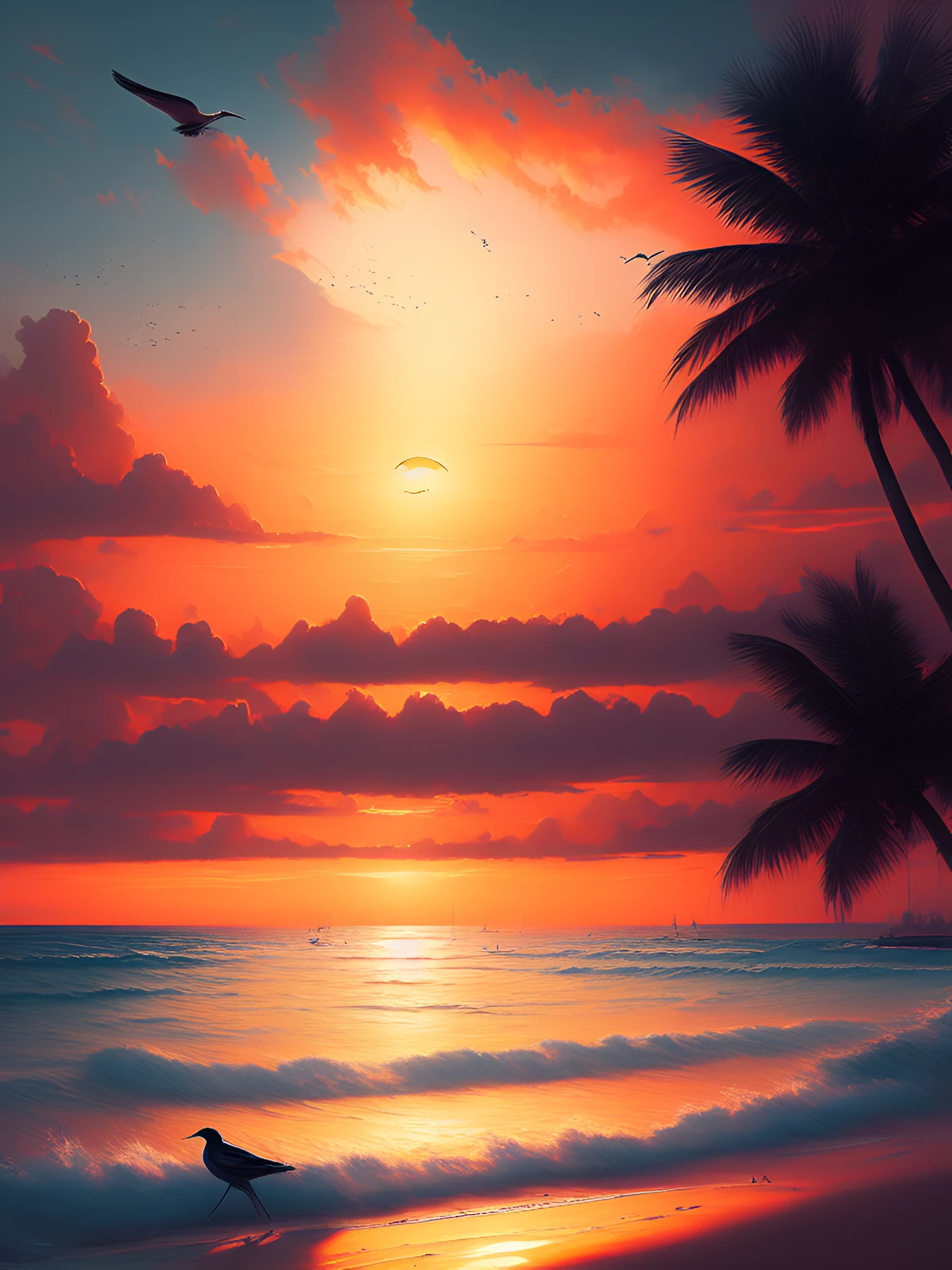 dreamlikeart ภาพวาดของชายหาดพระอาทิตย์ตกสวรรค์ที่สวยงาม, พระอาทิตย์อยู่ตรงกลาง, นกที่ห่างไกลบินอยู่บนขอบฟ้า, กำลังมาแรงบน artstation ในสไตล์ของ Greg Rutkowski