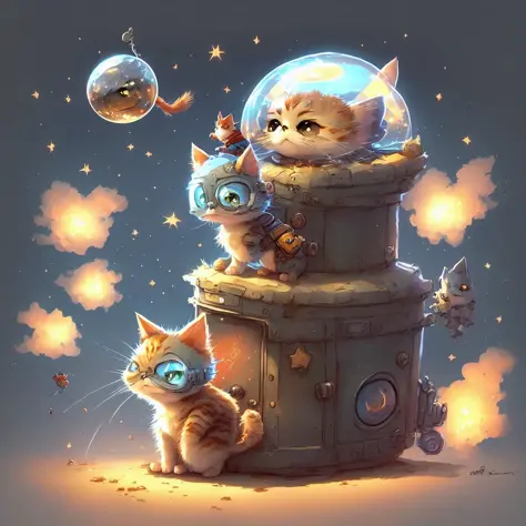 Pixar Style, 3d, Tiny cute and adorable cat superman, chibi, floating through space, jean - baptiste monge , anthropomorphic , d...