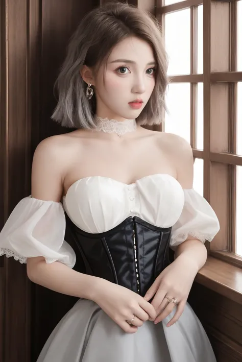 1girl, high quality, cowboy shot, dress, lace trim, ribbon, silver hair, indoors, blush, corset, skirt hold, animal collar, 
<lora:mky_v1:0.67>