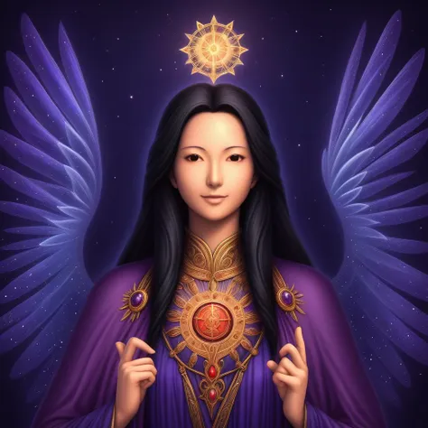 a woman with long black hair and a purple robe holding a red heart