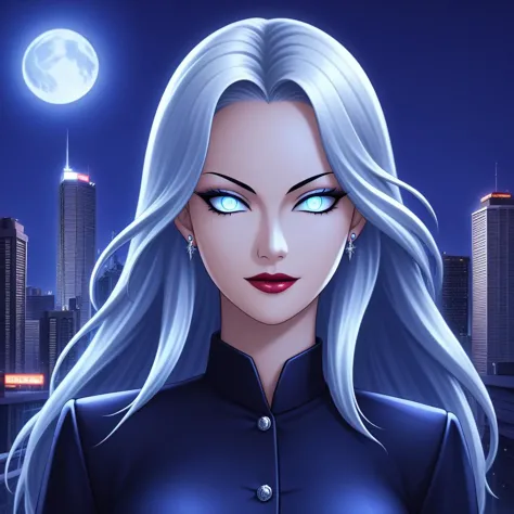 a woman with long white hair and blue eyes stands in front of a city