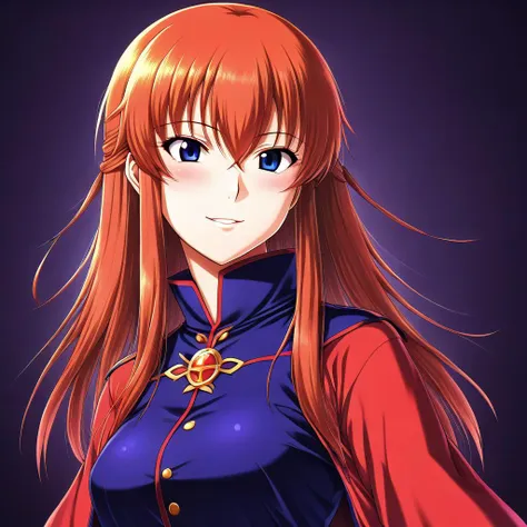 a woman with long red hair and blue eyes wearing a red cape