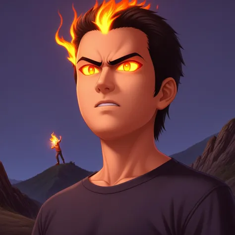 a man with yellow eyes and a black shirt stands in front of a mountain