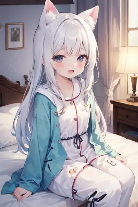 Original Character, Volumetric Lighting, Best Shadows, Shallow Depth of Field, Portrait Of Stunningly Beautiful Girl, Petite, Delicate Beautiful Attractive Face With Alluring Black Eyes, Half Closed Eyes, Thick Eyebrows, Yawning, Open Mouth, Cute Fangs, Lovely Small Breasts, Layered Medium White Hair, Blush Eyeshadow, Thick Eyelashes, Kigurumi Animal Pajamas, In The Dreamy Attic Bedroom, Sitting On Comfortable Bed, With Animal Pillows, Moon Stars Clouds Lovely Duvet Cover, Under The Circular Round Window, (Highest Quality, Amazing Details:1.25), (Solo:1.3), Brilliant Colorful Paintings,, (best quality:1.2), (HDR:1.2), ((extremely detailed _8k_cg)), (masterpiece:1.1), (super) in detail, (masterpiece), (best illumination), (best shadow), 8 k, 4 k, fine detail, amazing, high quality, film, highres, original, ultra-detailed, colorful, (extremely detailed CG unity 8k wallpaper), an extremely delicate and beautiful, cinematic angle