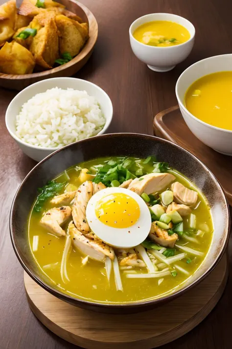 food, photography, a bowl of soto ayam with chilli sauce, chicken slices, rice and boil egg on wooden table, yellow soup, hot st...