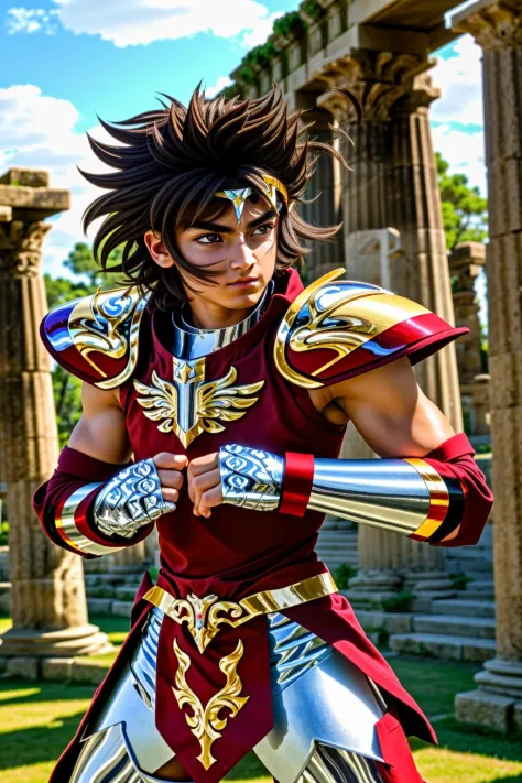 xxseiyapegasusxx
masterpiece, highly detailed photorealistic 8k raw photo, best cinematic quality, volumetric lighting and shadows
short brown hair man in xxsaintclothxx armor, spiked hair, brown eyes, headwear, helmet, fingerless gloves, red outfit under the armor, fighting stance
Greek temple ruins background