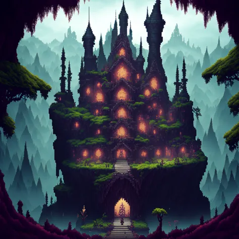 photo, a pixel art image of a castle in the middle of a forest (Metroidvania style:1) <lora:djzMetroidvaniaV21:1>