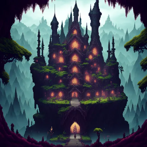 foto, uma imagem pixel art de um castelo no meio de uma floresta (Estilo Metroidvânia:1) 