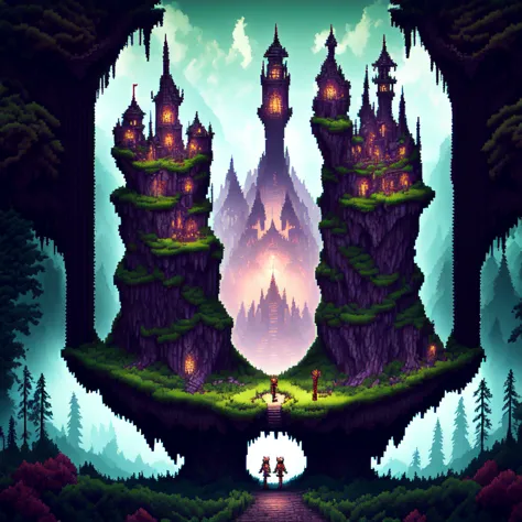 foto, uma imagem pixel art de um castelo no meio de uma floresta (Estilo Metroidvânia:1) 