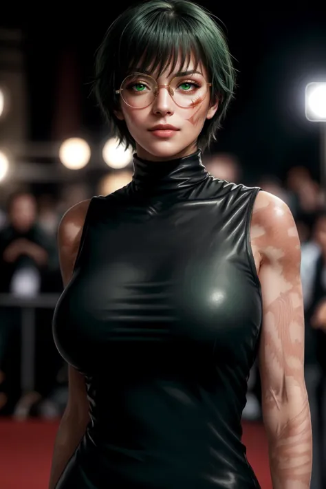 a woman in a black dress and glasses posing for a picture