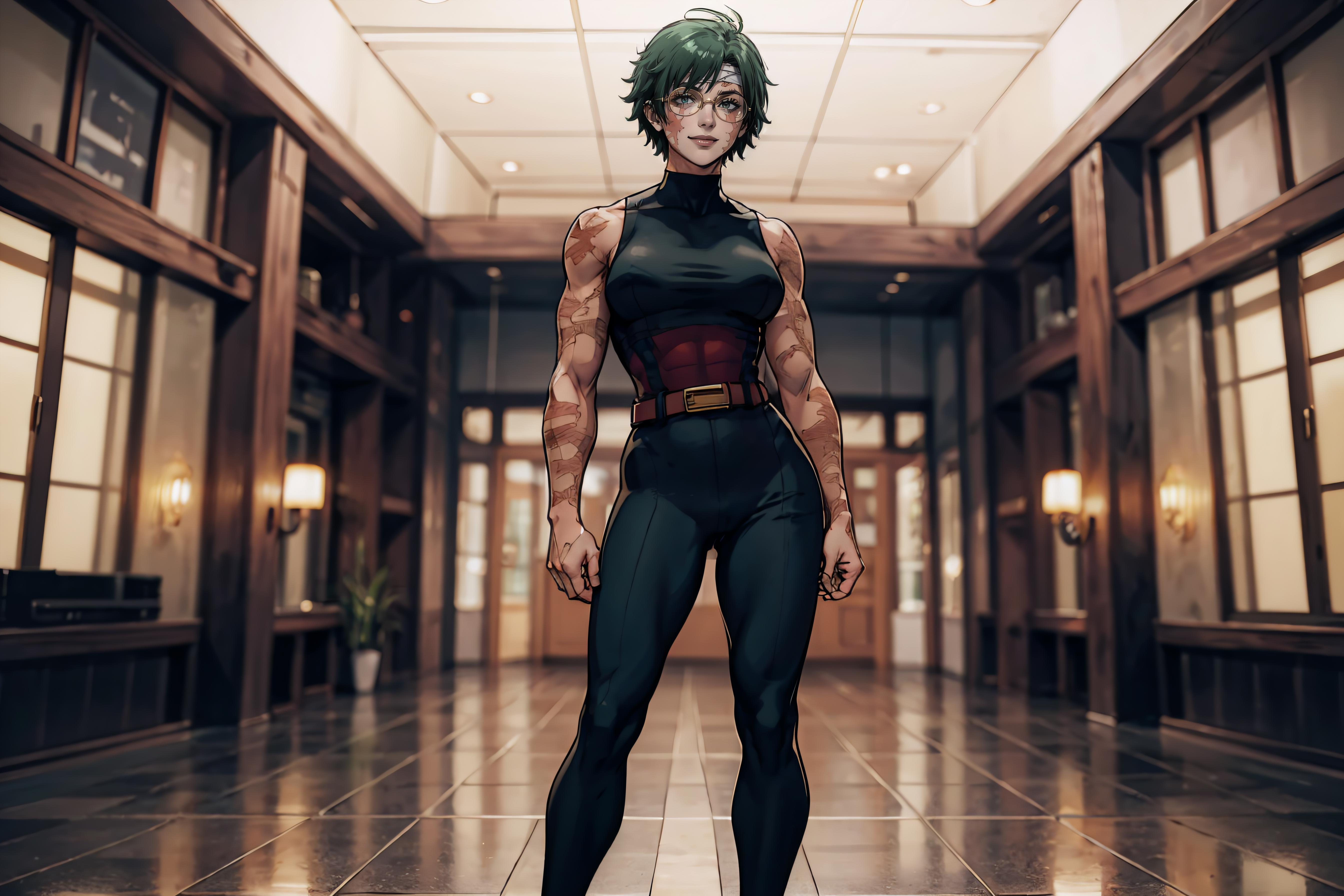 Anime character in a hallway with a black outfit and green hair - SeaArt AI