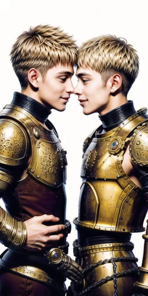 Gay love between two medieval knights, blonde hair, smiling