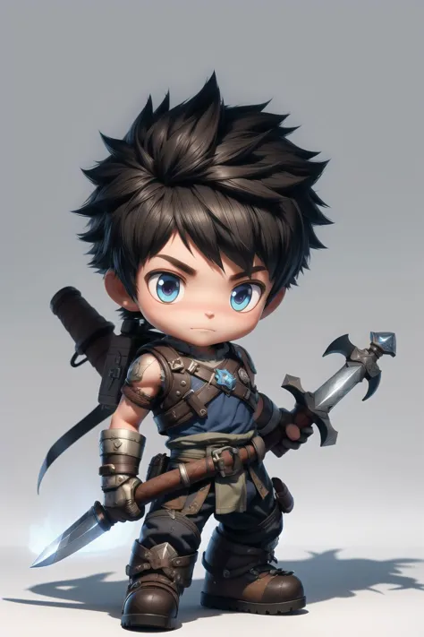 masterpiece, best quality, game icon institute,game icon,A little boy carrying a giant sword on his back. 3d, oc rendering, unity 8k wallpaper, unreal engine, chibi,