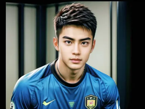 realistic,Asian soccer man in soccer kits,(mature:1.1),handsome,random expression,
handsome posing,random place,random time,random theme,