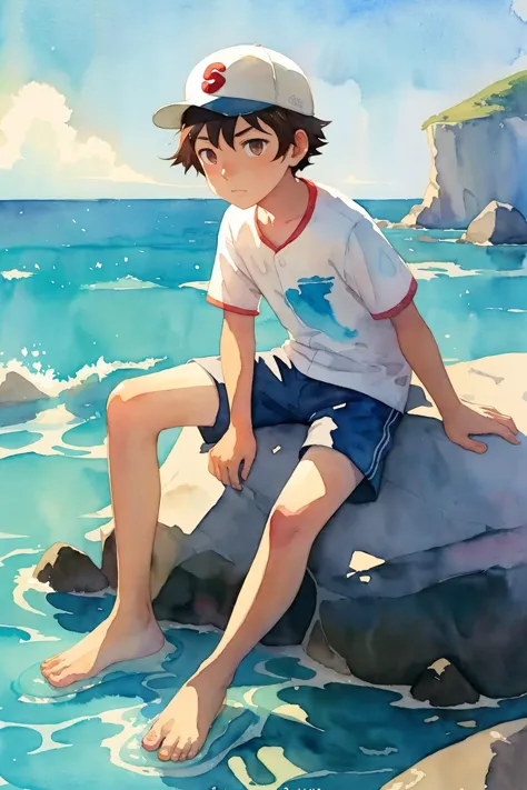 (by Atey Ghailan:1.01), (by Fumita Yanagida:1.18), (in style of watercolor pencil:1.2), (solo), a younger (boy) is (male child) of age 11, baseball cap, short sleeves, long shorts, barefoot, brown eyes, sitting on large rock, rocks, sea, looking sideway, emotionless, best quality, (close-up),