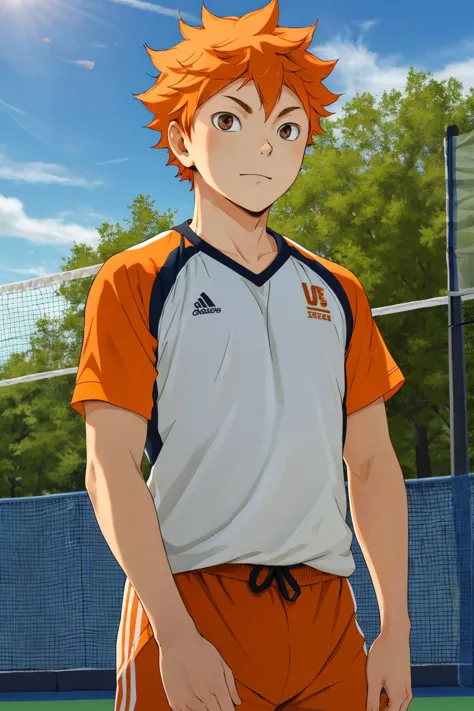 high res, masterpiece, Shouyou Hinata , orange hair, solo, 1boy, male, volleyball court, outside,blue sky, woods, , detailed eyes,