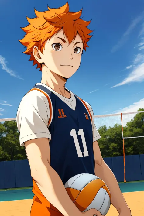 <lora:ShouyouHinataV2:0.6>,high res, masterpiece, Shouyou Hinata , orange hair, solo, 1boy, male, volleyball court, outside,blue sky, woods, , detailed eyes,