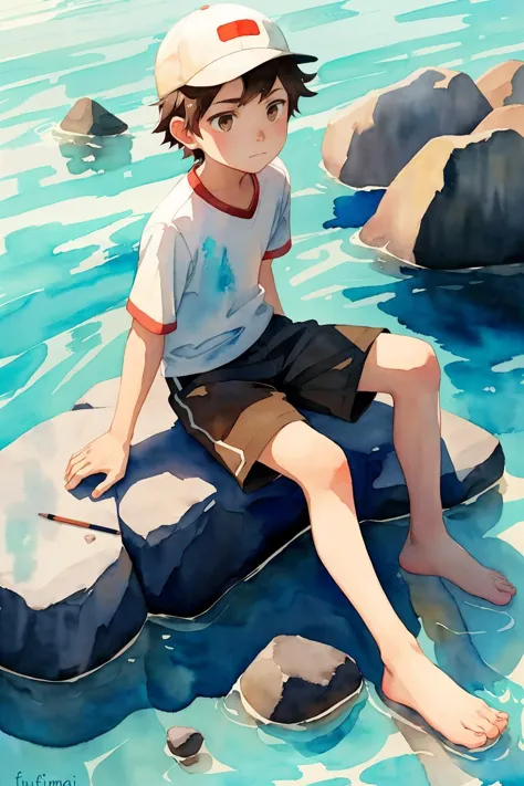 (by Atey Ghailan:1.01), (by Fumita Yanagida:1.18), (in style of watercolor pencil:1.2), (solo), a younger (boy) is (male child) of age 11, baseball cap, short sleeves, long shorts, barefoot, brown eyes, sitting on large rock, rocks, sea, looking sideway, emotionless, best quality, (close-up),