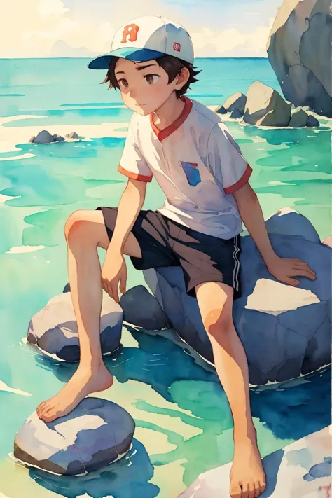 anime boy sitting on a rock in the water with a baseball cap