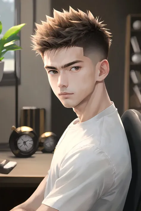 ((( masterpiece, best quality, 8k, ultra detailed))), 1boy, short spiked hair, crew cut hair, young, asian,