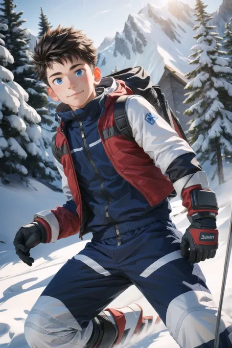 1boy wearing on a snowy ski piste, hyperrealism, highly detailed background, 8k uhd, dslr, soft lighting, high quality, film gra...