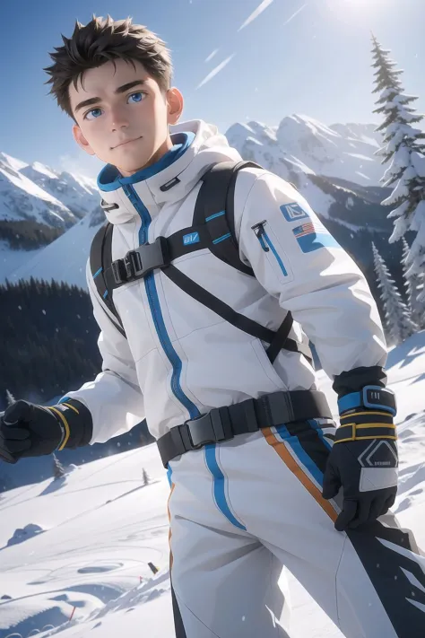 1boy wearing on a snowy ski piste, hyperrealism, highly detailed background, 8k uhd, dslr, soft lighting, high quality, film grain, Fujifilm XT3, HD, Sharp, OverallDetail, 3d, oc rendering, unreal engine, detailed face, detailed skin, detailed eyes, realistic,