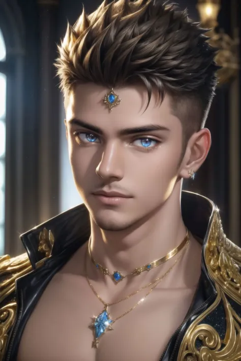 (masterpiece, best quality:1.2), 8k, insane details, intricate details, hyperdetailed, hyper quality, high detail, ultra detailed, professional, HDR, realistic, ray tracing reflection, detailed skin, detailed beautiful eyes, official art, short spiked hair,
1boy, cute, god, cinematic lighting, ornate, (glitter, sparkly golden:1.2), ornament, diamond, head shot, sexy, handsome,