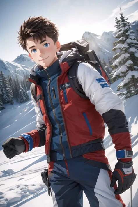 1boy wearing on a snowy ski piste, hyperrealism, highly detailed background, 8k uhd, dslr, soft lighting, high quality, film gra...