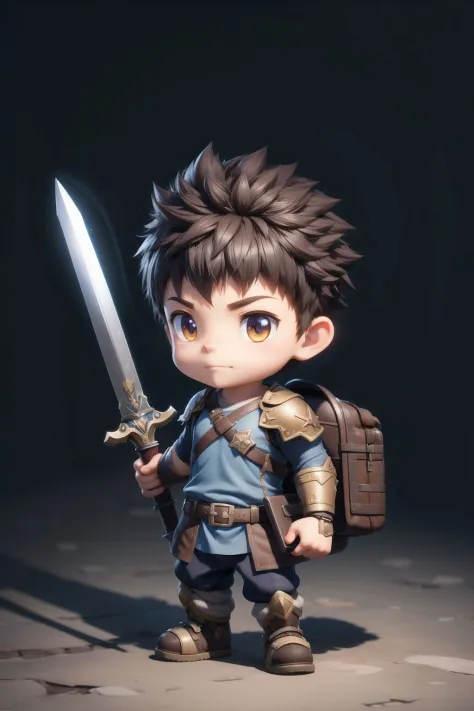 masterpiece, best quality, game icon institute,game icon,A little boy carrying a giant sword on his back. 3d, oc rendering, unity 8k wallpaper, unreal engine, chibi,