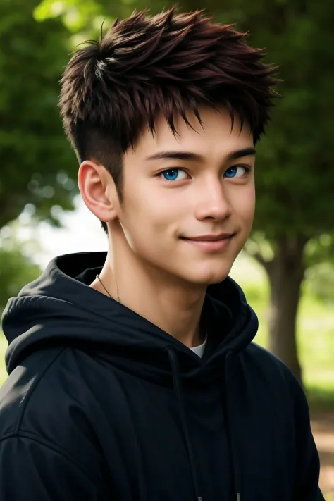 foyer masculin, haute résolution, illustration, En plein air,
casser, 1garçon, seulement, Mignon, visage de bébé, mâle à la peau foncée, peau sombre, cheveux roux, Coupe Buzz, front, yeux bleus, sweatshirt à capuche, bras derrière la tête, sourire,