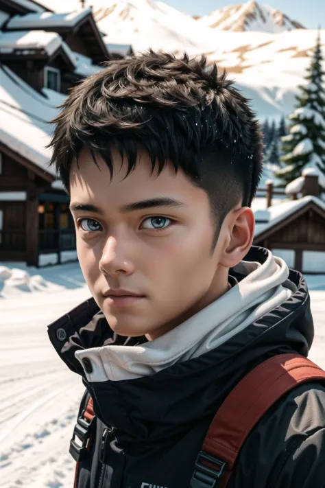 1boy wearing on a snowy ski piste, hyperrealism, highly detailed background, 8k uhd, dslr, soft lighting, high quality, film grain, Fujifilm XT3, HD, Sharp, OverallDetail, 3d, oc rendering, unreal engine, detailed face, detailed skin, detailed eyes, realistic,