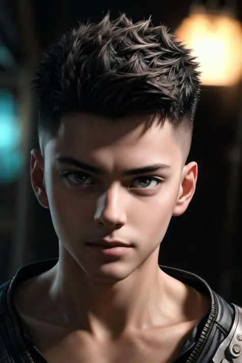 official art, unity 8k wallpaper, ultra detailed, beautiful and aesthetic, masterpiece, best quality,  extremely detailed,
1boy, short spiked hair, crew cut hair, handsome, front lighting, cute
<lora:add_detail:1>