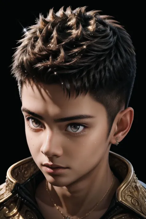 (masterpiece, best quality:1.2), 8k, insane details, intricate details, hyperdetailed, hyper quality, high detail, ultra detailed, professional, HDR, realistic, ray tracing reflection, detailed skin, beautiful eyes, official art, short spiked hair,
1boy, cute, god, cinematic lighting, ornate, (glitter, sparkly golden:1.2), ornament, diamond, head shot, sexy, handsome,