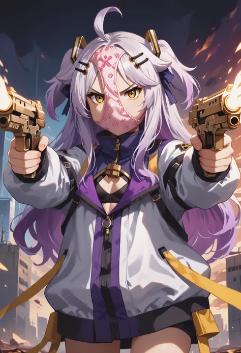 a woman holding two guns in her hands with a city in the background