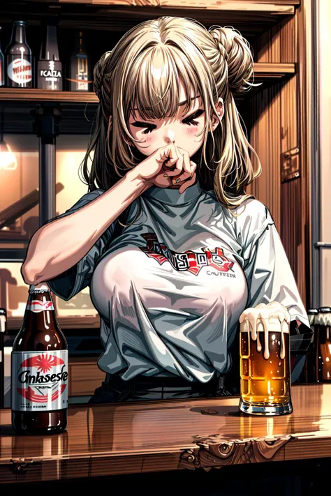 anime girl sitting at a bar with beer bottles and a bottle