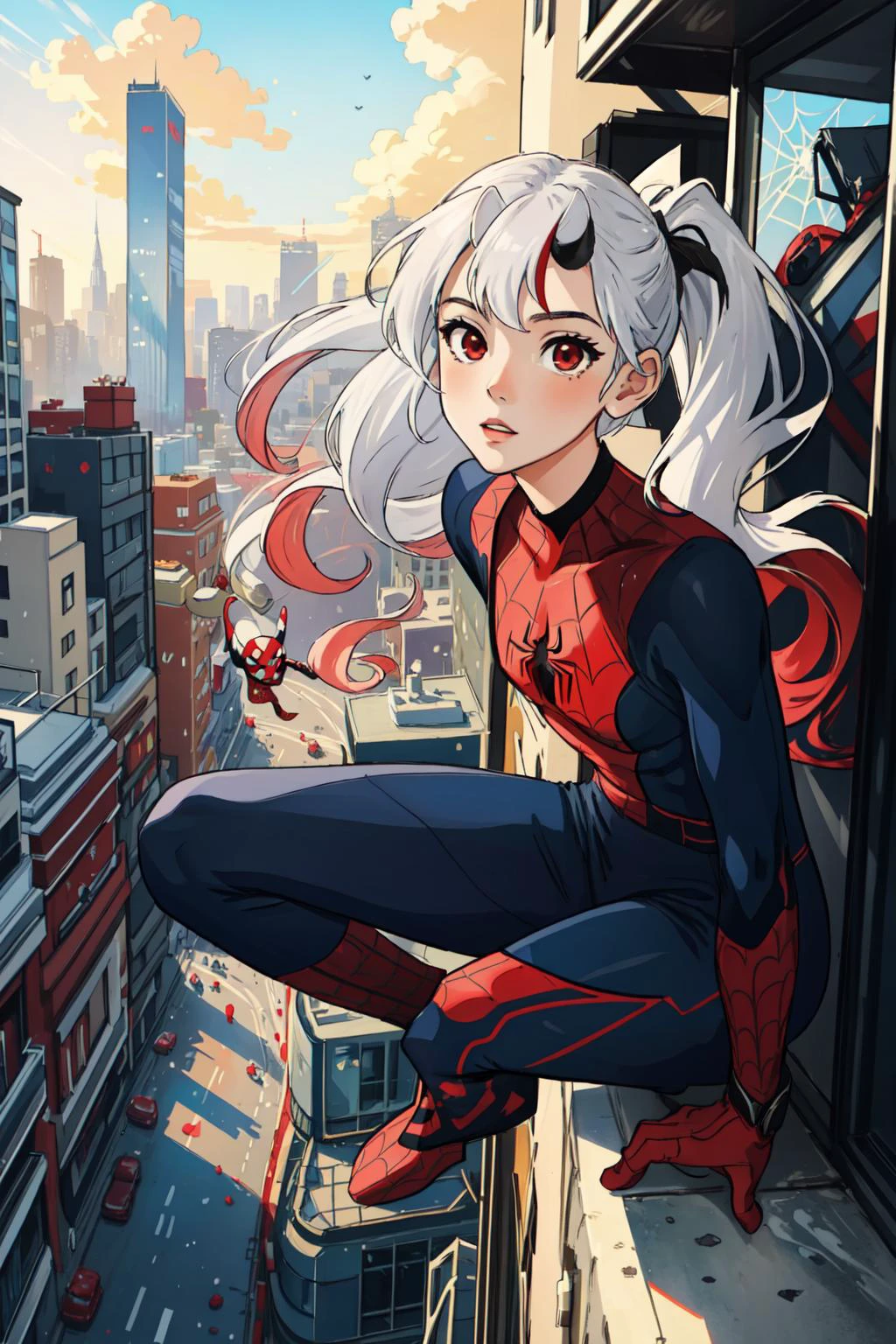 (masterpiece, best quality),  intricate details, 8k, artstation, wallpaper, official art, splash art, sharp focus,
1girl,  Nakiri Ayame, long hair, twintails,  red eyes, white hair, 
 spider suit, spider web print, spider web,  
skyscrappers, city, buildings, cars, street,