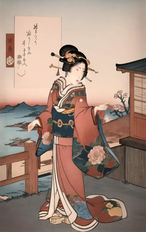 masterpiece, best quality, highres, focused, looking at viewer, solo, cowboy shot, east asian architecture, 
 artstyle_kunisada_...