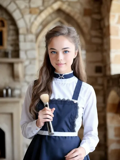 a close up of a woman in a blue apron holding a brush